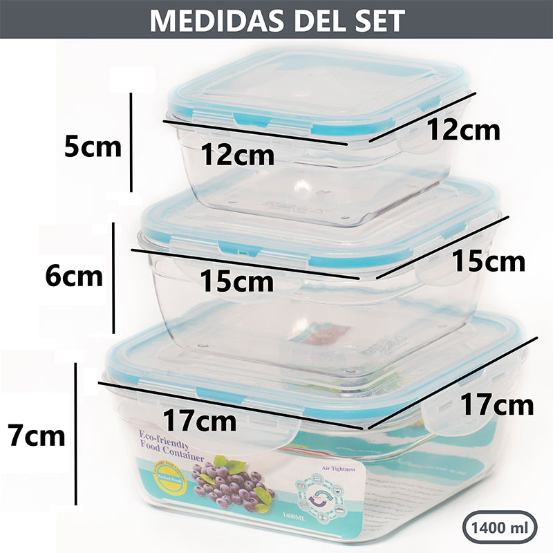 Set De 3 Envases Cuadrados Con Tapas Para Colaccion Lonchera