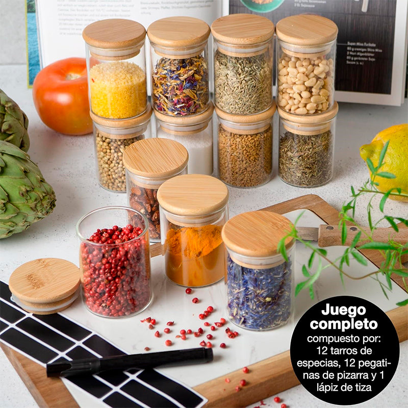 12 Frascos Especias Con Tapa De Bambú + Etiquetas Adhesivas