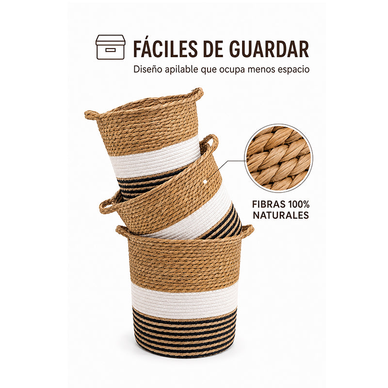 Set 3 Canastos Organizador De Hogar De Yute Natural Con Asa