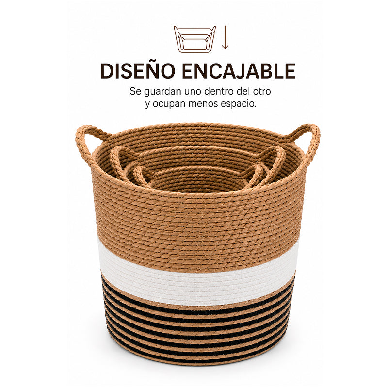 Set 3 Canastos Organizador De Hogar De Yute Natural Con Asa