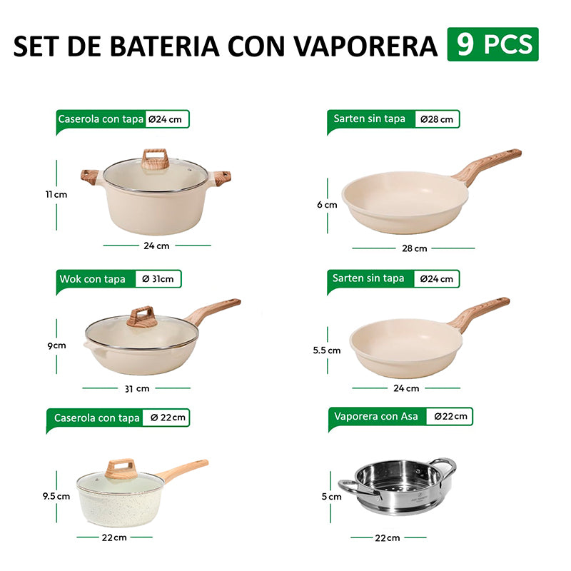 Bateria Cocina 9pzs Antiadherente Granito Profesional Ollas