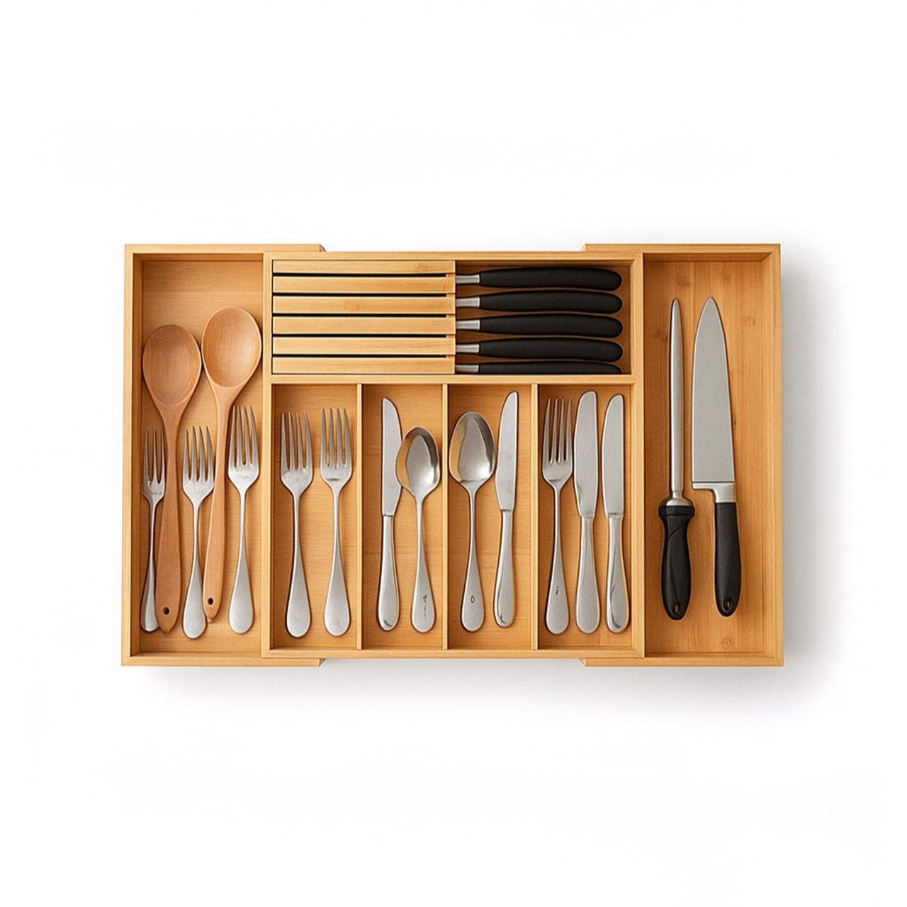 Organizador de Cubiertos para Cajones Organizador de Bambú de Cocina Porta utensilios expandible