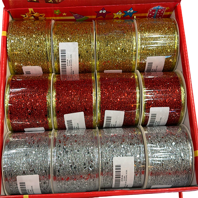 Pack 12 Mallas Navidad Cinta Decorativa Dearbol 6,3cm*2,7mts Multicolor Geometrico