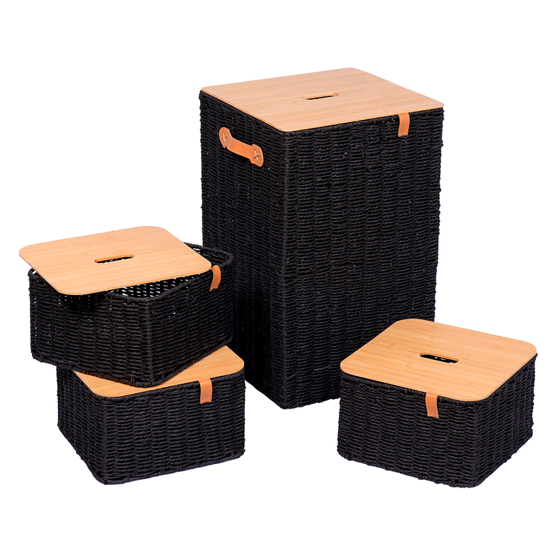 Set de Organizadores Premium 4 Cestas con Tapa de Madera Tejido Artesanal Negro
