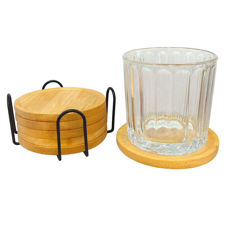 Set 6 Posavasos Circulares de Bambú con Soporte