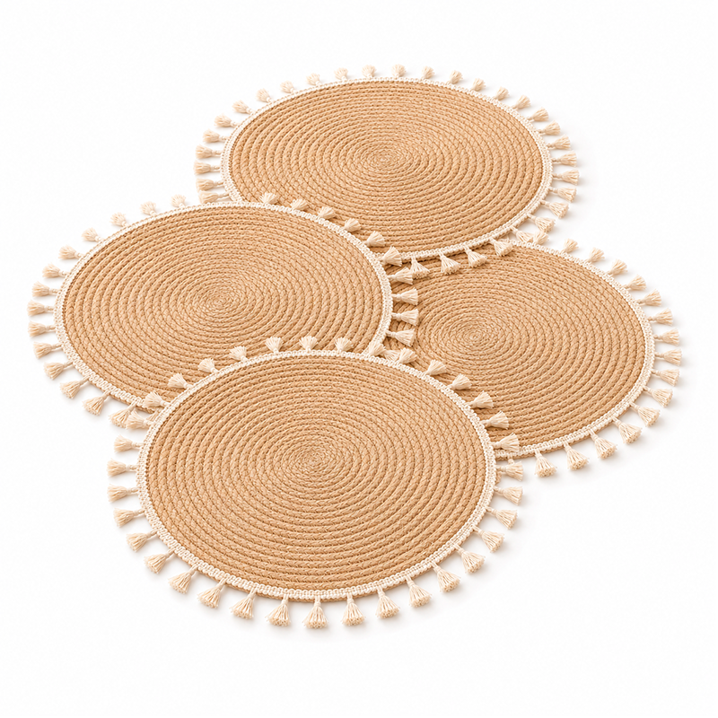 Individual Trenzado Mantel Redondo De 28cm Ratan Natural con Borlas