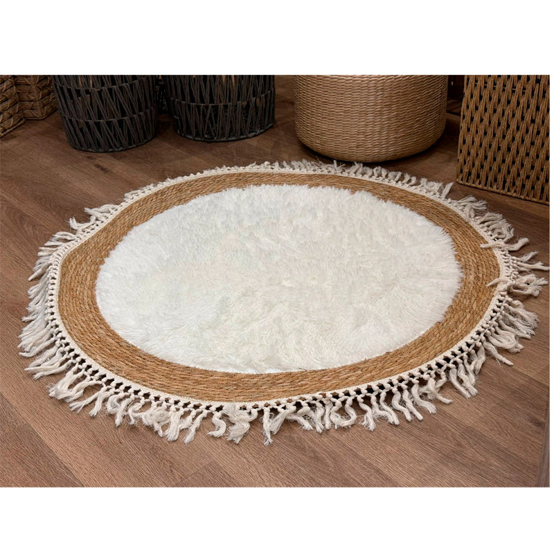 Alfombra Redonda de Yute 115cm Diseño Boho con Flecos Artesanales