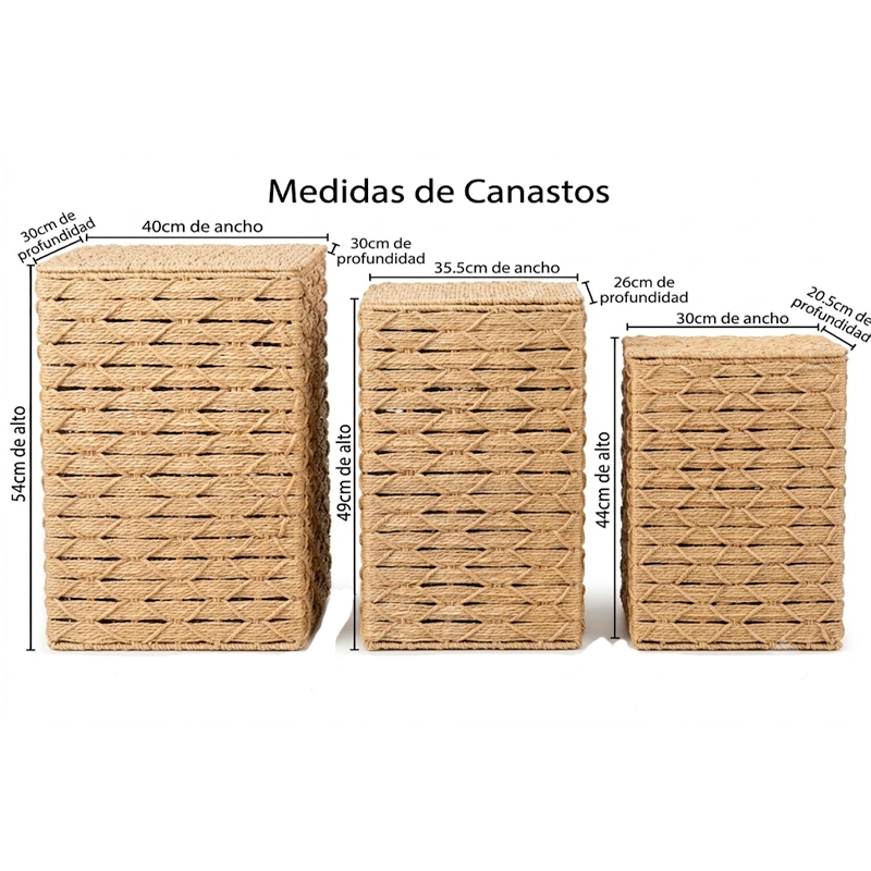 Set de 3 Canastos Rectangulares Organizadores de Fibra Natural con Tapa Estilo Boho