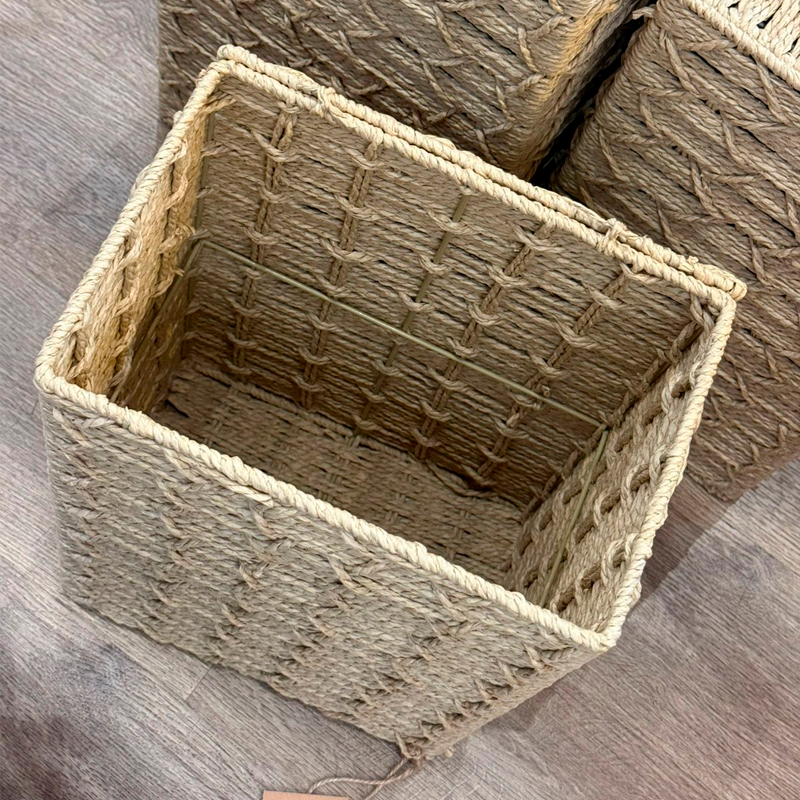Set de 3 Canastos Rectangulares Organizadores de Fibra Natural con Tapa Estilo Boho