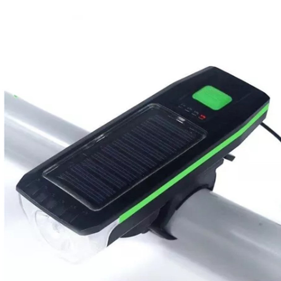 Linterna Lampara para Bicicleta Luz Delantera Carga Solar con Claxon USB